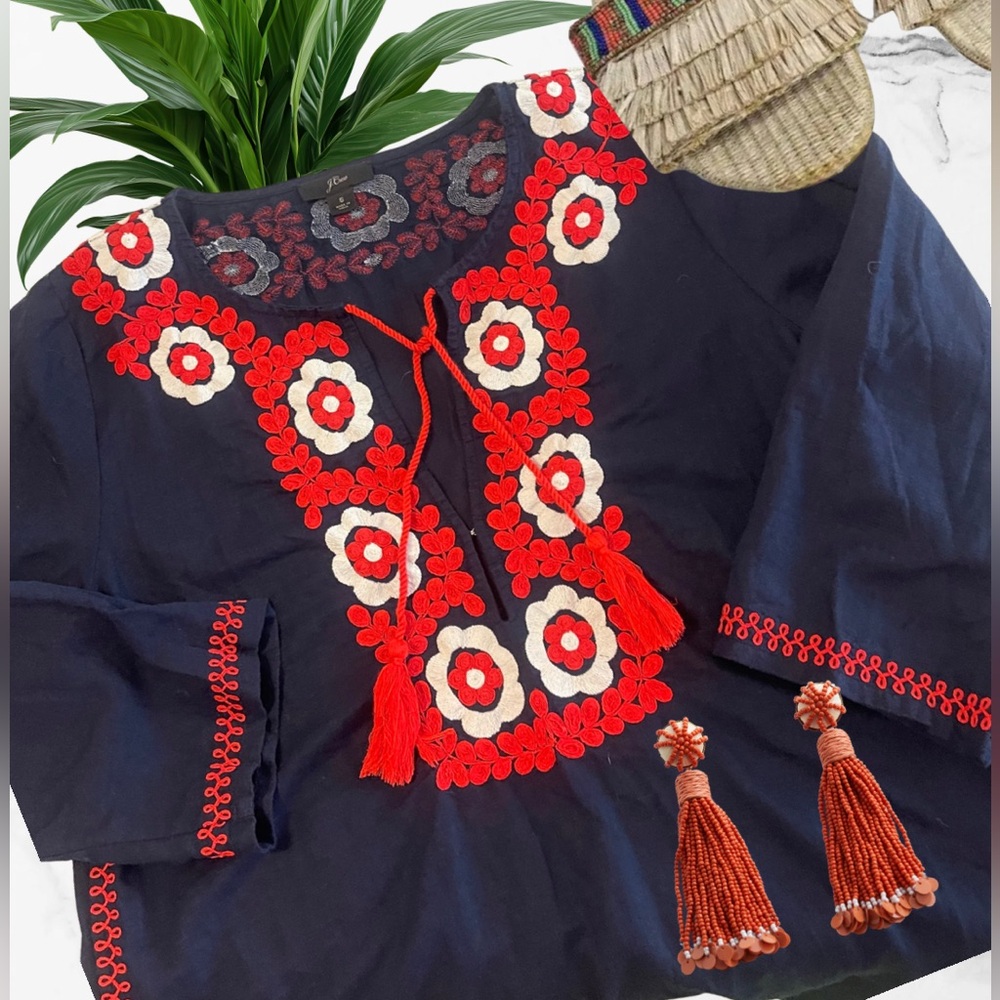 J. Crew Embroidered Navy & Red Women's Tunic Top Linen Blend Cover Up Resorr S